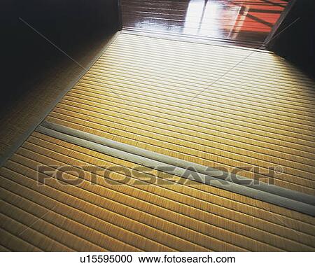 Stock Image - Tatami mat in Japanese style room, high angle view, Japan. Fotosearch