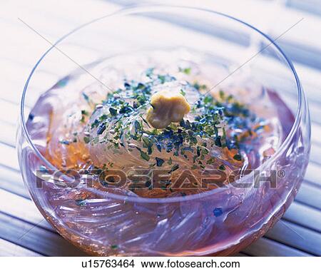 Picture - Japanese gelatin noodles in bowl, high angle view, differential focus. Fotosearch
