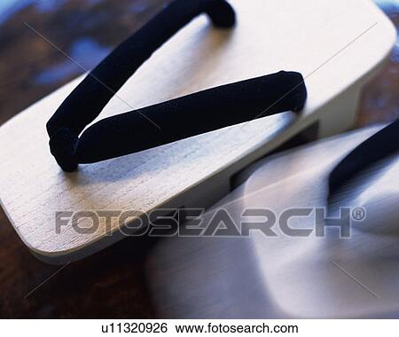 Stock Photograph - Japanese sandals, high angle view, close up, Japan, differential focus, blurred motion. Fotosearch