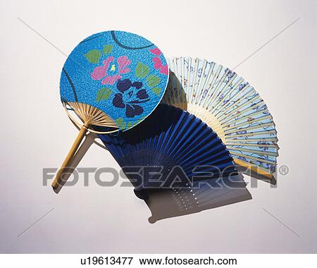 Stock Photo - Three Japanese fans, front view, white background. Fotosearch