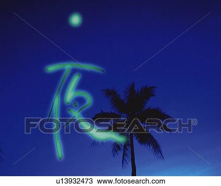 Stock Image - A palm tree against the night sky and Japanese character, low angle view, Computer Graphics, composition, copy space. Fotosearch