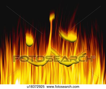 Stock Photography - Burning fire and Japanese character, black background, Computer Graphics, composition, long exposure. Fotosearch