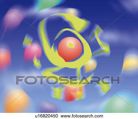 Stock Image -  colorful balls and Japanese character, blue background, blurred motion, differential focus, Computer Graphics, composition. Fotosearch