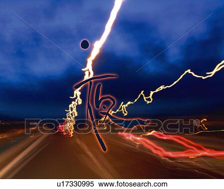Stock Photography - Driveway in the night and Japanese character in the center, Computer Graphics, composition, blurred motion, long exposure. Fotosearch