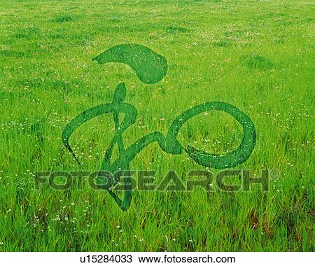 Stock Image - Green field and Japanese character in the center, high angle view, Computer Graphics, composition, full frame. Fotosearch