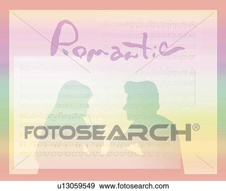 Stock Photo - Silhouette of couple sitting face to face and holding paper cups with image of the word Romantic on a sheet music, Computer Graphics, composition. Fotosearch
