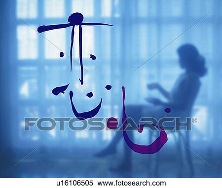 Stock Photography - Silhouette of woman sitting down on chair and Japanese characters on top, side view, toned image, Computer Graphics, composition, differential focus. Fotosearch
