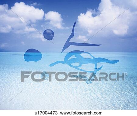Stock Image - The sea under the blue sky and image of Japanese character in the center, high angle view, Computer Graphics, composition. Fotosearch