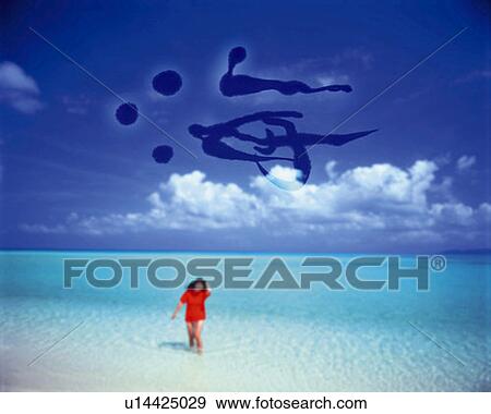 Woman at beach and Japanese character in the sky, high angle view, Computer Graphics, composition View Large Photo Image Stock Photo - Woman at beach and Japanese character in the sky, high angle view, Computer Graphics, composition. Fotosearch