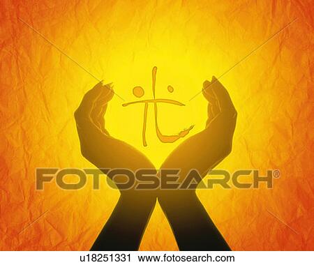 Stock Image - Woman's hands around Japanese character, front view, Computer Graphics, composition. Fotosearch