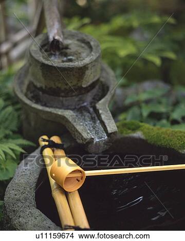 Stone Water Basin In Japanese Garden Japan High Angle View