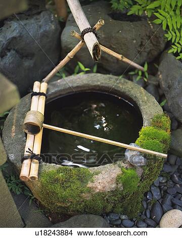 Stone Water Basin In Japanese Garden Japan High Angle View