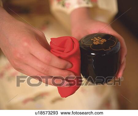 Woman in kimono cleaning a tea powder container, high angle view, close up, Japan, differential focus View Large Photo Image Stock Image - Woman in kimono cleaning a tea powder container, high angle view, close up, Japan, differential focus. Fotosearch