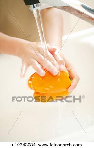 Child's hands washing vegetable View Large Photo Image Picture - Child's hands washing vegetable. Fotosearch