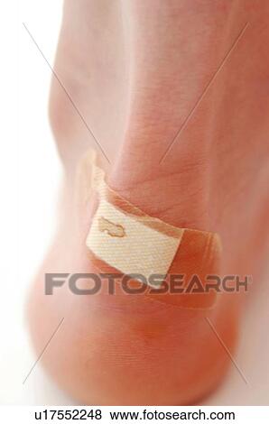Stock Photo - Woman's heel applying an adhesive tape, Close-up. Fotosearch