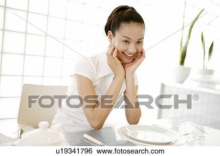 Stock Photograph - Young Woman Putting Hands On Chin. Fotosearch