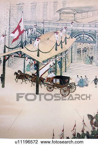 Stock Image - Large Group Of People, Carriage, Day, Meiji-jinja Shrine, Chariot, Allegory. Fotosearch