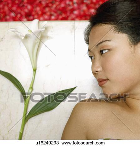 High angle view of a young woman lying on the floor near a hot tub filled with rose petals View Large Photo Image Stock Image - High angle view of a young woman lying on the floor near a hot tub filled with rose petals. Fotosearch