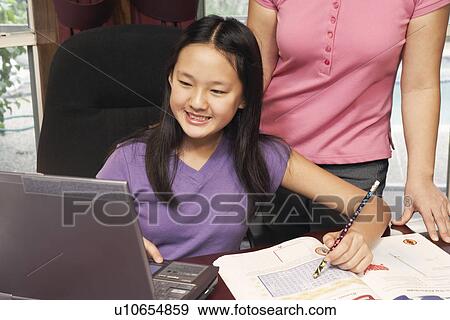 Stock Photo - Close-up of a girl using a laptop. Fotosearch