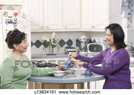 Stock Image - Side profile of a girl pouring tea for her mother. Fotosearch