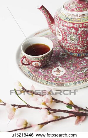 Stock Photograph - High angle view of a cup of black tea and a teapot on a tray. Fotosearch