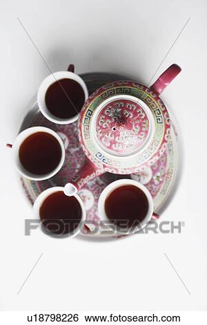 High angle view of tea cups with a teapot on a tray View Large Photo Image Stock Photograph - High angle view of tea cups with a teapot on a tray. Fotosearch