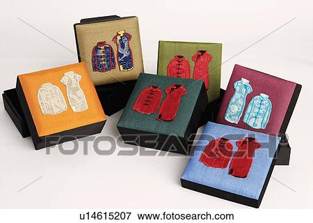 High angle view of traditional Chinese outfits embroidered on boxes View Large Photo Image Stock Photo - High angle view of traditional Chinese outfits embroidered on boxes. Fotosearch