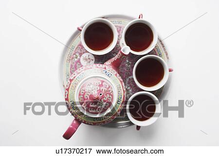 Stock Photo - High angle view of tea cups with a teapot on a tray. Fotosearch