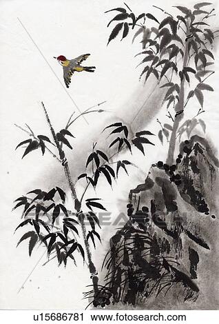 Clip Art - A Bird and Bamboo Leaves, Ink Painting, Vignette. Fotosearch