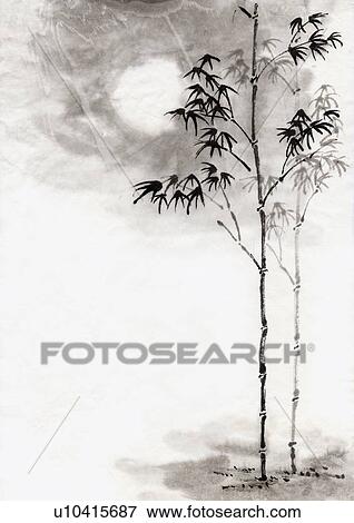 Stock Illustration - Bamboos and Moon, Ink Painting, Vignette. Fotosearch