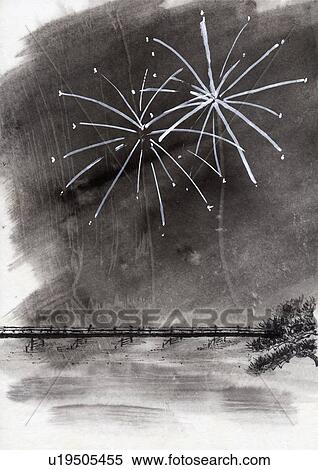 Bridge and Fireworks, Ink Painting, Vignette View Large Illustration Stock Illustration - Bridge and Fireworks, Ink Painting, Vignette. Fotosearch