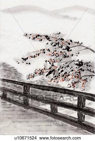 Stock Illustration - Bridge and Mountains, Ink Painting, Vignette. Fotosearch