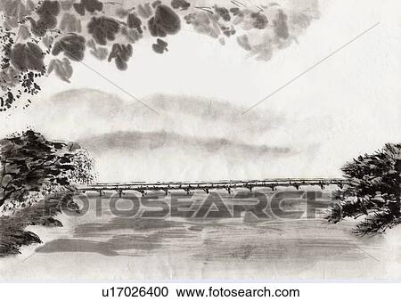 Bridge and Riverscape, Ink Painting, Vignette View Large Illustration Clipart - Bridge and Riverscape, Ink Painting, Vignette. Fotosearch