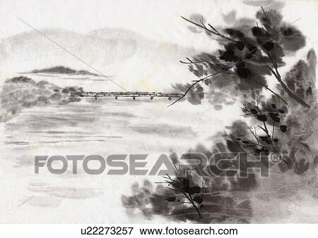 Stock Illustration - Bridge and Riverscape, Ink Painting, Vignette. Fotosearch