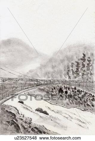 Stock Illustration - Bridge and Riverscape, Ink Painting, Vignette. Fotosearch