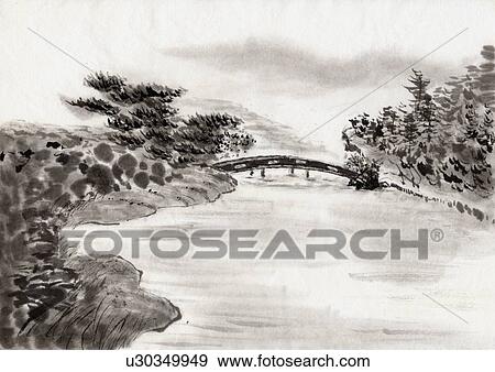 Stock Illustration - Bridge and Riverscape, Ink Painting, Vignette. Fotosearch