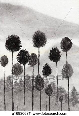 Flowers and Mountains, Ink Painting, Vignette View Large Illustration Stock Illustration - Flowers and Mountains, Ink Painting, Vignette. Fotosearch