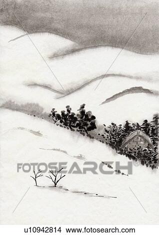 Stock Illustration - House and Mountain Scenery, Ink Painting, Vignette. Fotosearch