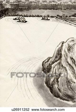 Drawing - Japanese Garden, Ink Painting, Vignette. Fotosearch