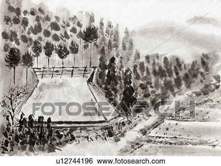 Japanese House and Rice Field, Ink Painting, Vignette View Large Illustration Stock Illustration - Japanese House and Rice Field, Ink Painting, Vignette. Fotosearch