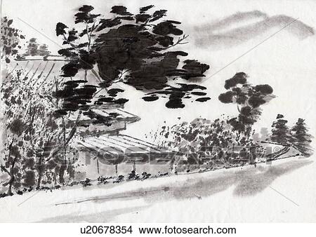 Japanese House and Scenery, Ink Painting, Vignette View Large Illustration Stock Illustration - Japanese House and Scenery, Ink Painting, Vignette. Fotosearch