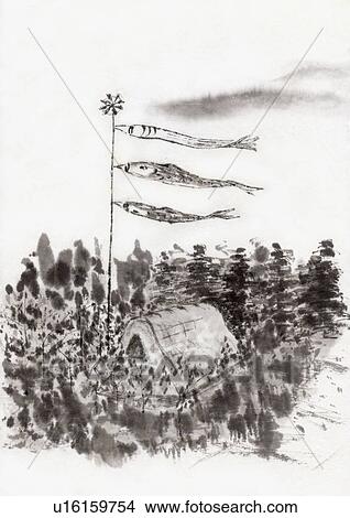 Koinobori, Ink Painting, Vignette View Large Illustration Stock Illustration - Koinobori, Ink Painting, Vignette. Fotosearch