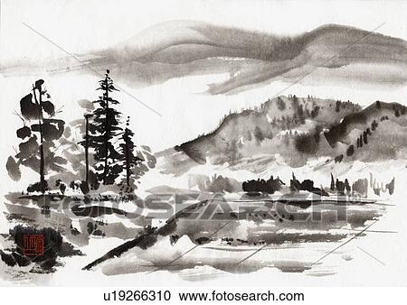 Clipart - Landscape of Japan, Ink Painting, Vignette. Fotosearch