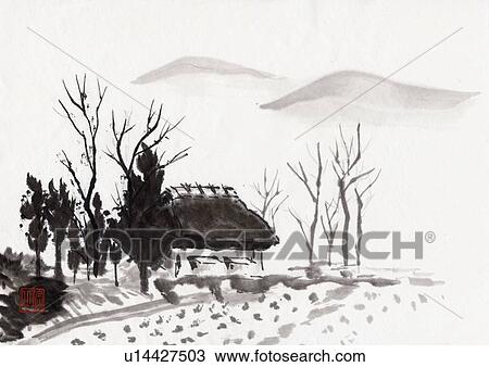 Drawing - Landscape of Japan, Ink Painting, Vignette. Fotosearch