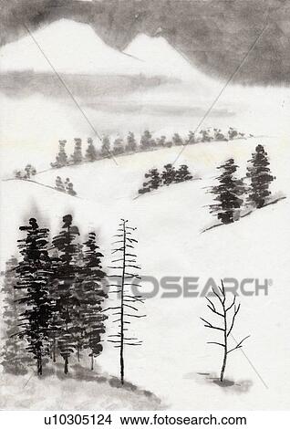 Landscape of Japan, Ink Painting, Vignette View Large Illustration Stock Illustration - Landscape of Japan, Ink Painting, Vignette. Fotosearch