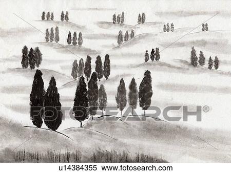 Landscape of Japan, Ink Painting, Vignette View Large Illustration Stock Illustration - Landscape of Japan, Ink Painting, Vignette. Fotosearch