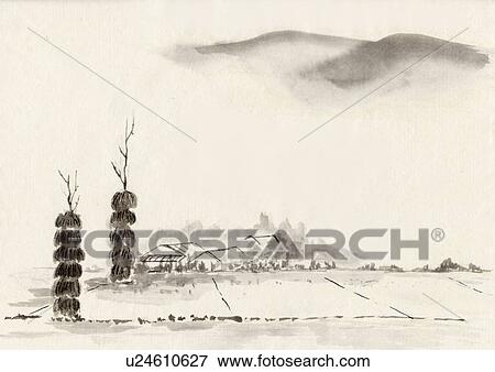 Stock Illustration - Landscape of Japan, Ink Painting, Vignette. Fotosearch