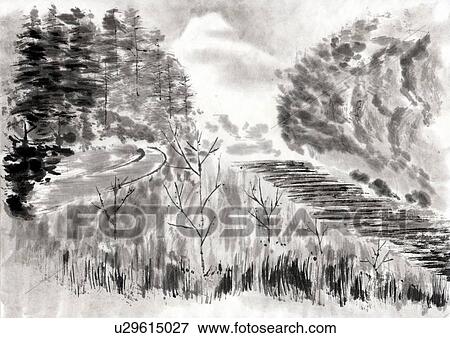 Stock Illustration - Landscape of Japan, Ink Painting, Vignette. Fotosearch