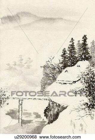 Stock Illustration - Mountain Scenery of Japan in Winter, Ink Painting, Vignette. Fotosearch