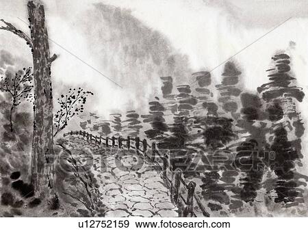 Mountain Scenery of Japan, Ink Painting, Vignette View Large Illustration Stock Illustration - Mountain Scenery of Japan, Ink Painting, Vignette. Fotosearch